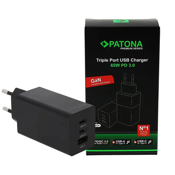 Patona Incarcator Patona Premium GaN PD65W Adapter 2xUSB-C 1xUSB-A PD3.0 QC3.0 - 2640