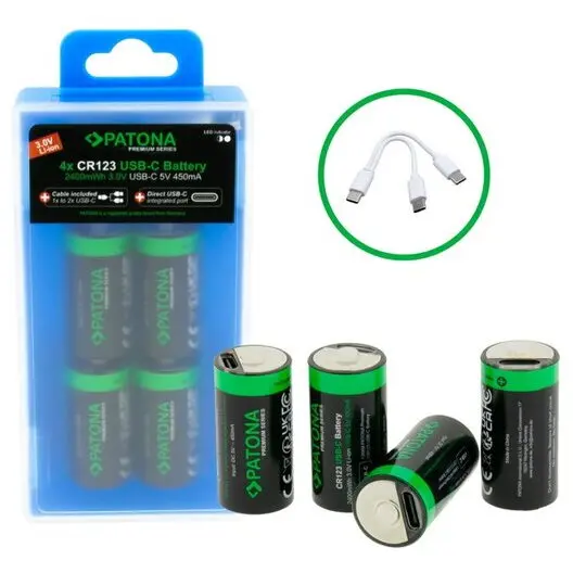 Patona Patona Premium USB-C 4x CR123A baterii/acumulatori 2400mWh 3.0V rechargeable with 1 to 2 USB-C charging cable