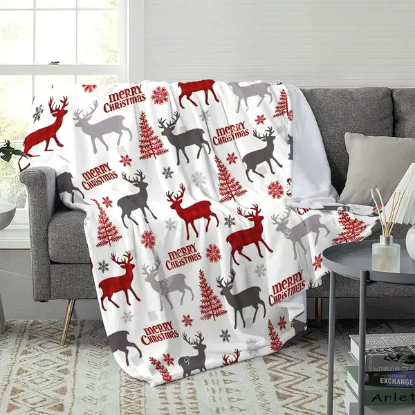 Patura cocolino Merry Christmas, 150x200 cm, model fulgi de zapada si reni