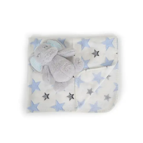Patura cu jucarie de plus pentru bebelusi Cangaroo 90 x 75 cm Elefant Albastru