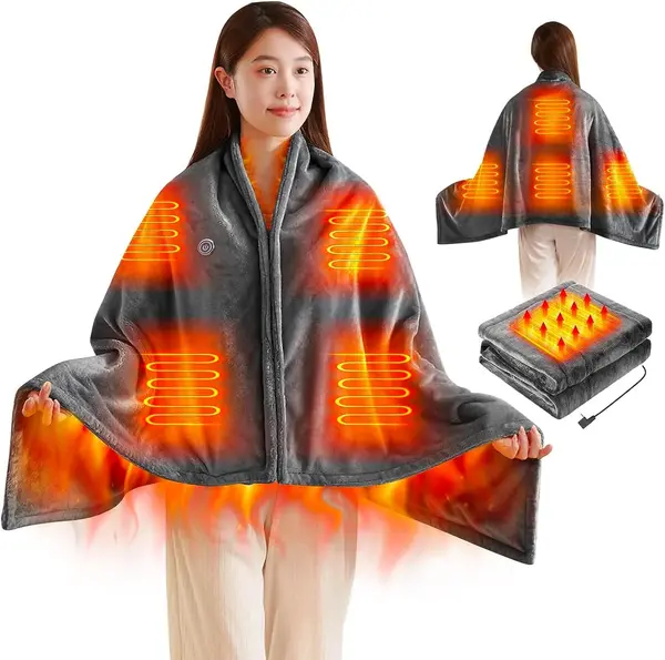 Patura electrica cu incalzire USB tip hoodie, 150x85cm, 3 niveluri de temperatura, gri