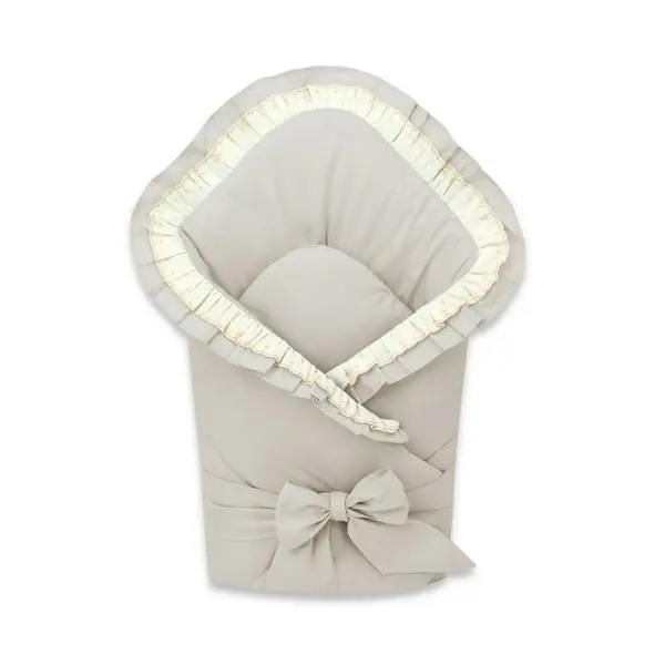 Paturica de infasat, MimiNu, Cu volanase si dantela, Cu multiple utilizari, Cu inchidere cu panglica, Dimensiune 75x75 cm, Din bumbac certificat Oeko Tex Standard 100, Beige