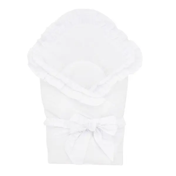 Paturica de infasat, MimiNu, Multifunctionala pentru botez, Cu volanase, Cu inchidere cu panglica si arici velcro, Dimensiune 75x75 cm, Din bumbac certificat Oeko Tex Standard 100, White