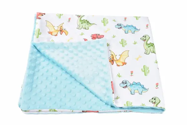 Paturica din bumbac model dinozauri si plus minky bleu 80x80 cm
