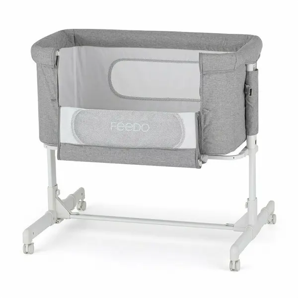 Patut co-sleeper 2 in 1 Feedo Gri pliabil, reglabil in 5 pozitii, cu laterala detasabila, roti, greutate suportata 9 kg, 0-5 luni