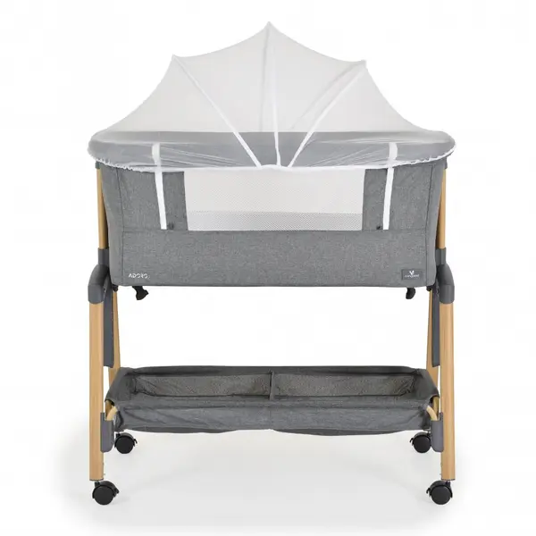Patut Co-Sleeper Cangaroo Adoro Grey 90x53 cm cu laterala culisanta, Saltea si Plasa de insecte incluse, Spatiu depozitare, 7 nivele de reglare a inaltimii, Roti cu frana