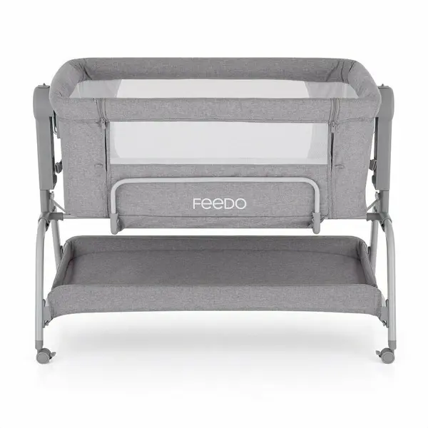 Patut co-sleeper, Feedo, Cu sistem de leganare, Inaltime adjustabila pana la 57-69 cm, sustine pana la 9 kg, 0 luni+ Gri