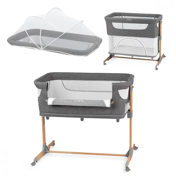 Patut Co-sleeper Momi Smart Bed 4 in 1 grey pliabil, reglabil pe inaltime, cu 2 niveluri de dormit, roti, saltea si plasa de insecte incluse