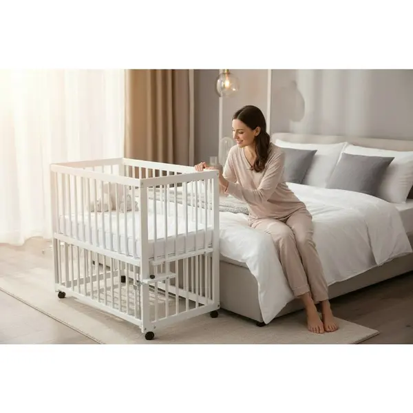 Patut co-sleeper Qmini Dalia Alb, multifunctional, 90x50 cm, din lemn de pin, reglabil pe orice treapta de inaltime la patul parintilor, sistem de ancorare si roti cu frana incluse