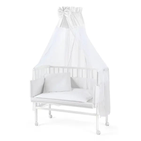 Patut co-sleeping Waldin, 90x55 cm, fag, vopsea certificata, roti, saltea, accesorii incluse, laterala detasabila, alb