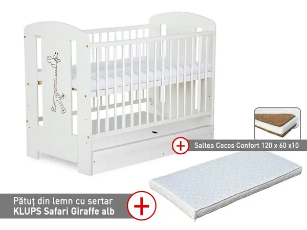 Patut cu sertar Klups Safari Giraffe Alb + Saltea 10 Confort II