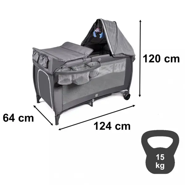 Patut de calatorie multifunctional pentru copii, pliabil, pe doua nivele, cadru stabil din aluminiu, accesorii incluse, cu saltea 60 x 120 x 1cm si geanta de depozitare inclusa