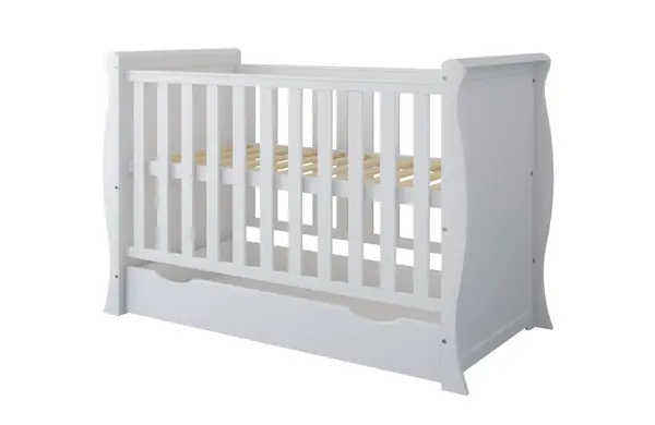 Patut din lemn 120x60 cm cu laterala detasabila ,sertar si margine din silicon pentru protectie dintisori Mini Sleight White