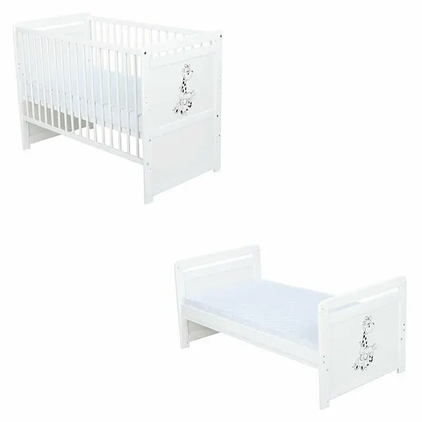 Patut din lemn bebe, Transformabil si pentru junior, 120x60 cm, Din lemn de pin si mdf, Stabil si rezistent, Inaltime saltea reglabila pe 3 nivele, Laterala cu 3 bete detasabile, EN716-1, EN716-2, Alb, Babyneeds, Nadia II, Girafa + Saltea 12 cm