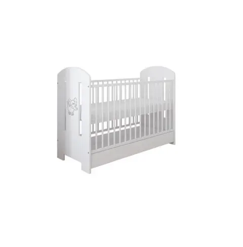 Patut din lemn PAL Nichiduta Ptilou Elefantel Alb cu sistem 3 bare detasabile, Somiera reglabila pe 3 nivele de inaltime, Vopsea sigura pe baza de apa, Design modern, Margini rotunjite,Dimensiuni interioare 120x60cm