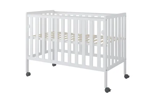 Patut din lemn si MDF pentru copii Nichiduta Bambi Alb cu laterala culisanta,roti cu blocare, vopsele ecologice pe baza de apa, margini rotunjite, dimensiuni interioare 120x60 cm