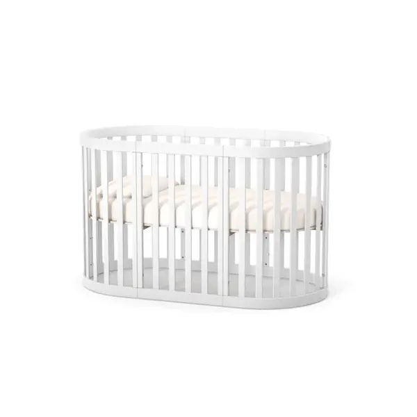 Patut oval pentru copii 90140x70cm LD14 Alb din lemn masiv de fag, 0-4 ani, kit extensie 140x70cm inclus, saltea inclusa, inaltimea saltelei reglabila