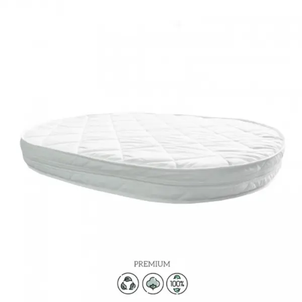 Patut oval pentru copii 90140x70cm LD14 Bej din lemn masiv de fag, 0-4 ani, kit extensie 140x70cm inclus, saltea inclusa, inaltimea saltelei reglabila