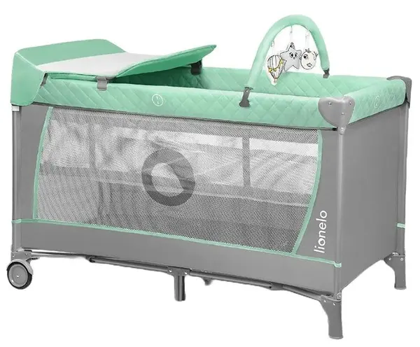Pătuț pentru bebeluși cu 2 niveluri și saltea de înfășat Lionelo - Flower, Turquoise