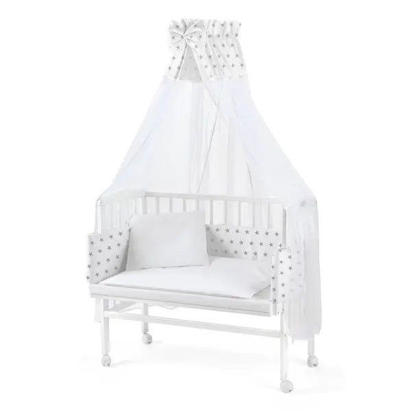 Patut pentru copii, Waldin, 2in1, 90 cm x 55 cm, lemn de fag, vopsea certificata, roti blocabile, laterala detasabila, co-sleeping, Saltea inclusa, Aparatoare laterala din bumbac, Baldachin cu Suport Metalic, Equipment, Alb,