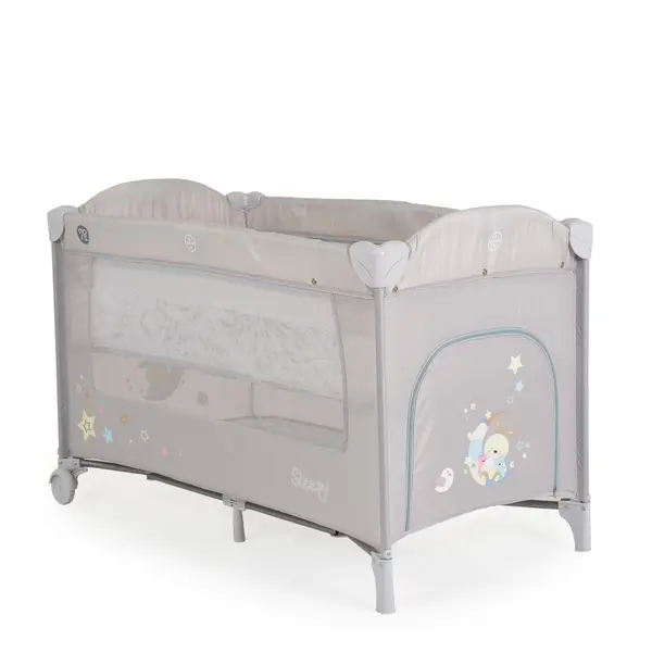 Patut pliabil de calatorie 2in1 Moni Sleepy New Grey 120x60cm cu 2 nivele,roti cu blocare,usa de acces cu fermoar,laterala cu plasa de ventilatie,pliabil compact,saltea pliabila,bara cu jucarii,saltea de infasat si geanta