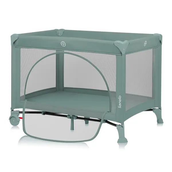 Patut pliabil, Lionelo, Laura, 102 x 74 cm, Cu doua nivele, Functie de tarc, Cu roti, Include salteluta si geanta de transport, Pereti din plasa, Deschidere laterala, Pana la 15 kg, 0 luni +, Verde