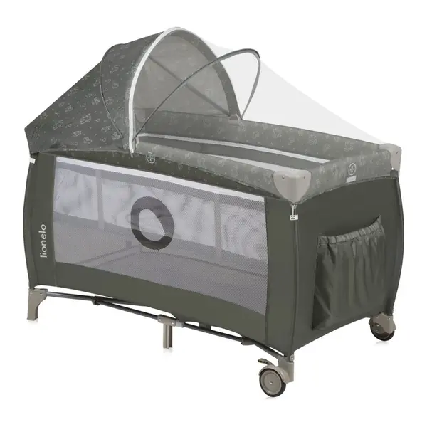 Patut pliabil, Lionelo, Sven Plus, 120x60 cm, Cu doua nivele, Cu arcada jucarii, masuta de infasat, vibratii, melodii, conform cu standardele europeane de securitate EN716 si EN12221, Bej Olive