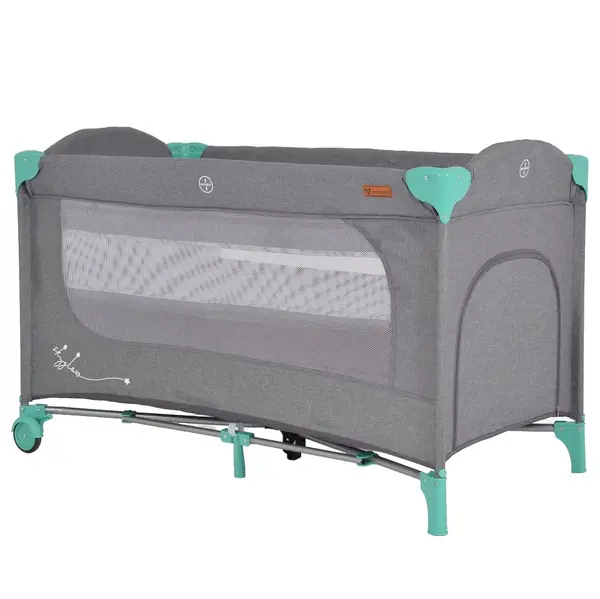 Patut pliabil multifunctional 2in1 Cangaroo SkyGlow Mint cu 2 nivele,roti cu blocare,Usa de acces cu fermoar,laterala cu plasa de ventilatie,pliabil compact,2 inele de sustinere si saltea pliabila incluse