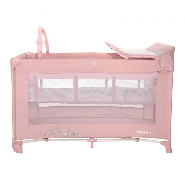 Patut pliabil Noemi Plus Mellow Rose Star cu 2 nivele, usa laterala cu fermoar, roti cu sistem de blocare, accesorii incluse
