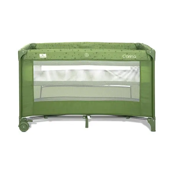 Patut pliabil pentru copii Lorelli Carina Green Stars, 2 nivele, deschidere laterala cu fermoar, prevazut cu roti cu frana