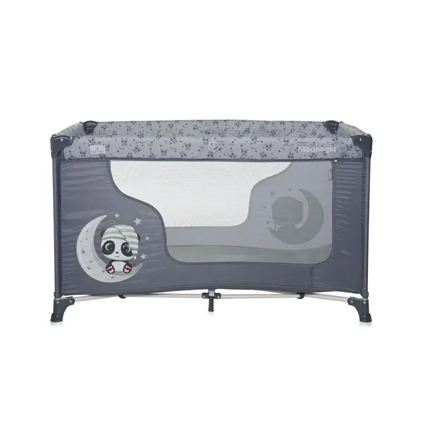 Patut pliabil pentru copii Lorelli Moonlight Cool Grey Pandas, deschidere laterala cu fermoar, geanta de transport
