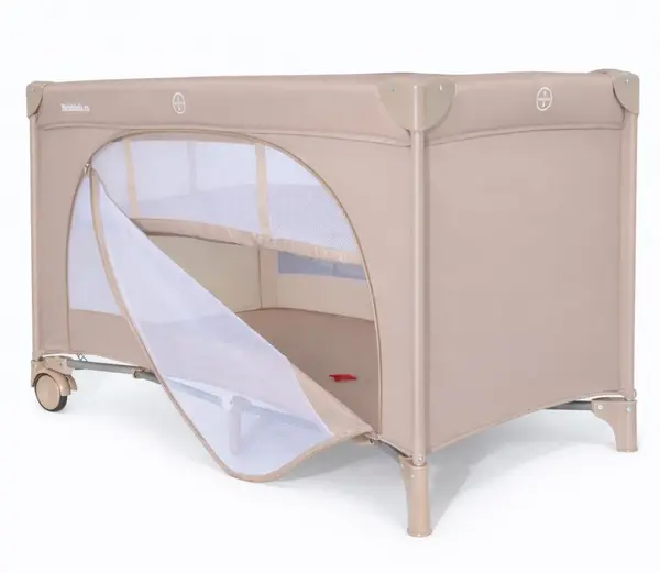 Patut pliabil pentru copii Nichiduta Beige, cu doua nivele, multifunctional 2 in 1, cadru din otel, material poliester 210D, roti cu franare, dimensiune 125 x 65 x 77 cm, geanta de transport inclusa