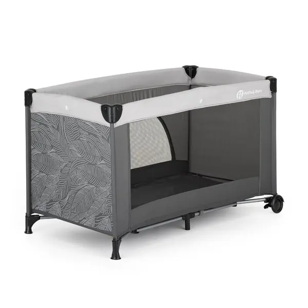 Patut pliabil pentru copii PetiteMars Nyja gri 120x60 cm cu roti, functie de tarc, pliere compacta, include geanta de transport, intrare laterala cu fermoar, greutate admisa 15 kg, 0-30 luni