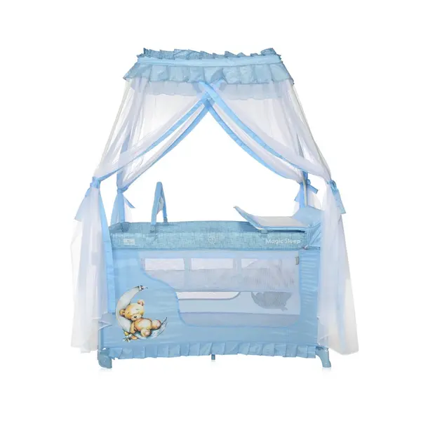 Patut pliabil stil baldachin Magic Sleep Blue Moon Sleeping Bear cu 2 nivele, usa laterala cu fermoar, roti, accesorii incluse