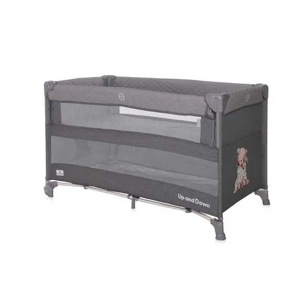 Patut pliabil Up and Down Cool Grey Bear cu laterala culisanta, sistem side-sleeping, cu 2 nivele, usa laterala cu fermoar, saltea si geanta de transport incluse