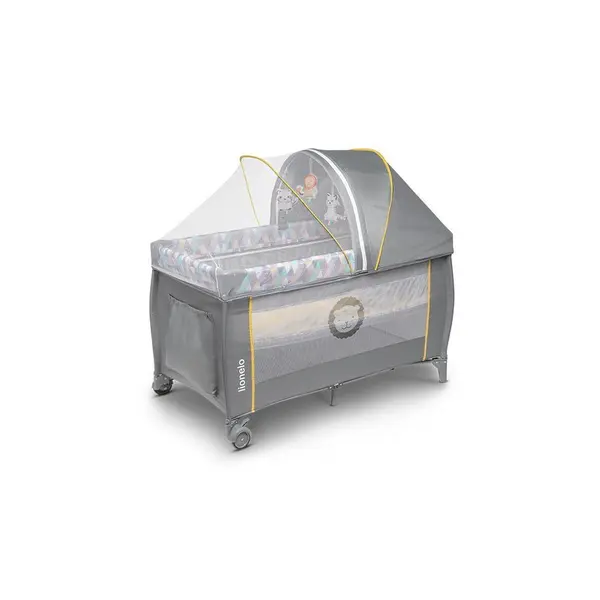 Patut pliant Lionelo Sven Plus Yellow Scandi cu doua nivele, cu arcada jucarii, masuta de infasat, vibratii, melodii conform cu standardele europeane de securitate EN716 si EN12221