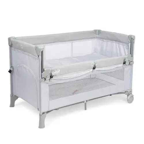 Patut pliant voiaj pentru bebelusi si copii Juju Dreamy Cloud, 2 nivele, portabil, 125x65 cm, etaj intermediar nou-nascuti, laterala culisanta, salteluta, buzunar lateral, geanta transport, Gri