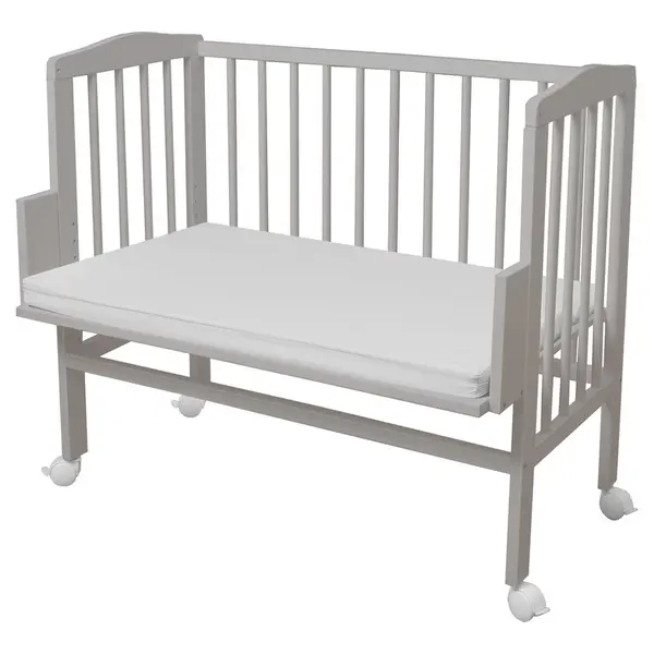 Patut, Waldin, Bedside 2in1 Gri, 90x55 cm, lemn de fag, vopsea certificata, roti blocabile, laterala detasabila, co-sleeping, Saltea inclusa