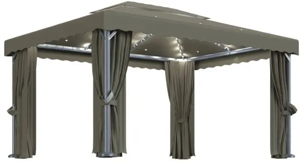 Pavilion cu perdea si cu sir de lumini led, gri taupe, 4x3 m