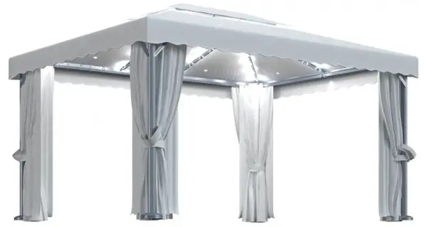 Pavilion cu perdele & siruri lumini LED, alb crem, 4x3 m