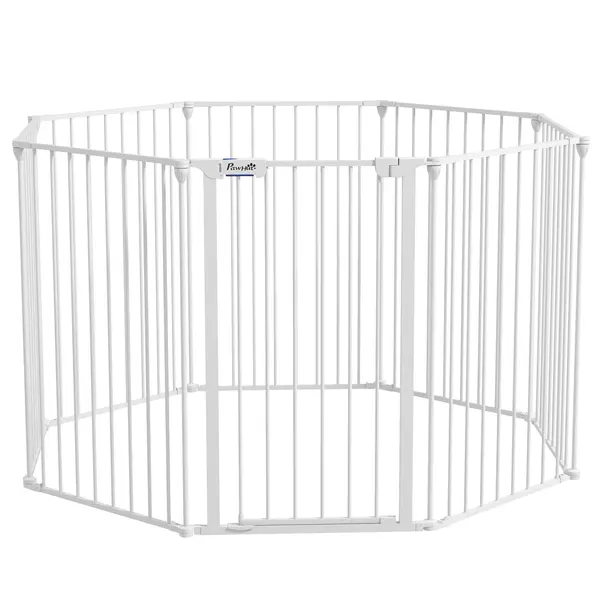 PawHut 2-in-1 Welpenauslauf și Barieră, 8 Panouri, ușă blocabilă, Oțel, 90 cm înălțime, alb | Aosom Romania
