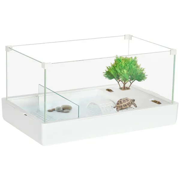 PawHut Acvariu pentru Țestoase cu Filtru pe 3 Niveluri și Panouri de Sticlă, 51x31x25.5 cm, Alb | Aosom Romania