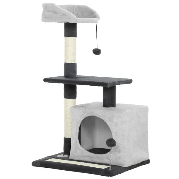 PawHut Ansamblu de joacă pentru pisici cu căsuță, Culcuș, Stâlpi și Covor, 85cm, Gri | Aosom Romania