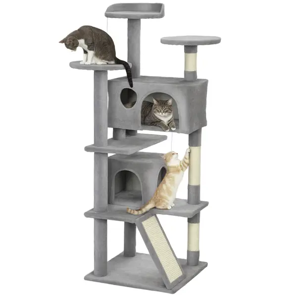 PawHut Arbore pentru pisici înălțime 138 cm, turn de joc pentru pisici cu zgârietoare, platforme, 2 cotețe, 49 x 49 x 138 cm gri deschis | Aosom Romania