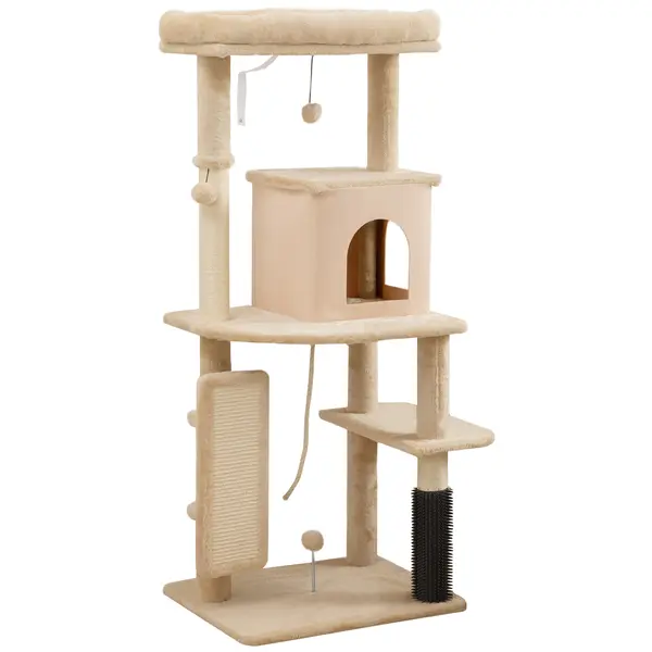 PawHut Arbore pentru Pisici Multilevel Înalt 132 cm cu Căsuță, Culcuș, Stâlpi Zgâriători, Perie și Biliță, Bej | Aosom Romania