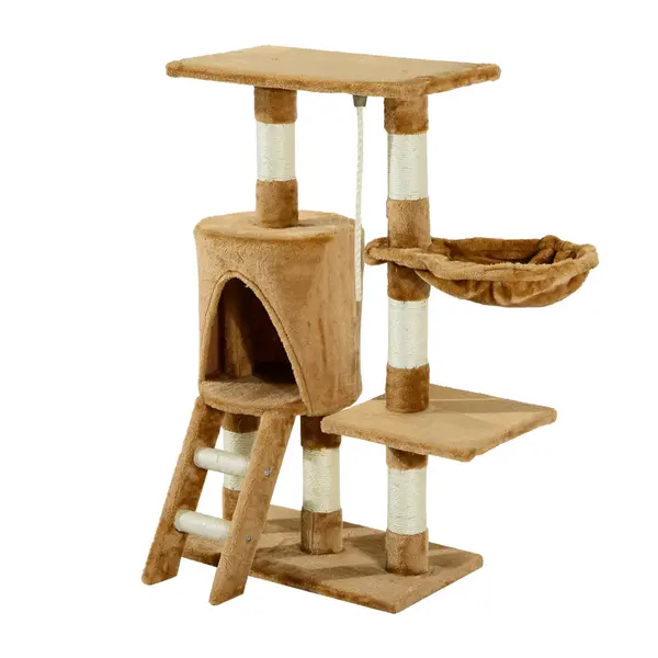 PawHut Arbore pentru pisici Răzuitoare 55x30x95 cm cu Cuib Platformă Casetă Scară Sfoară de Joc Placă de Lemn și Acoperit cu Catifea Maro | Aosom Romania