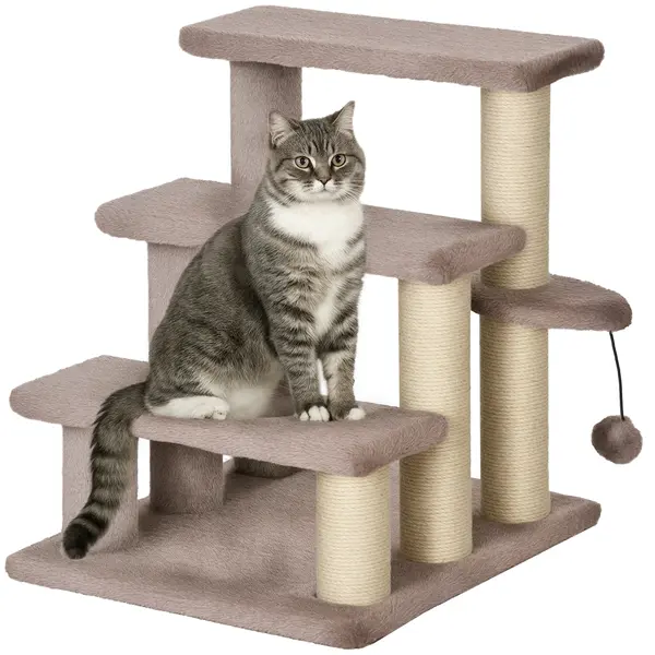 PawHut Arbore pentru zgârieturi, scara pentru animale de companie, 3 trepte, minge de joc, până la 5 kg, 45x40x48cm, Maro | Aosom Romania