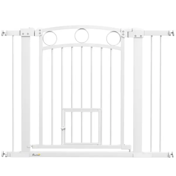 PawHut Barieră de Siguranță Interioară pentru Câini cu 2 Extensii și Ușă pentru Pisici, 76-104x77 cm, Alb | Aosom Romania