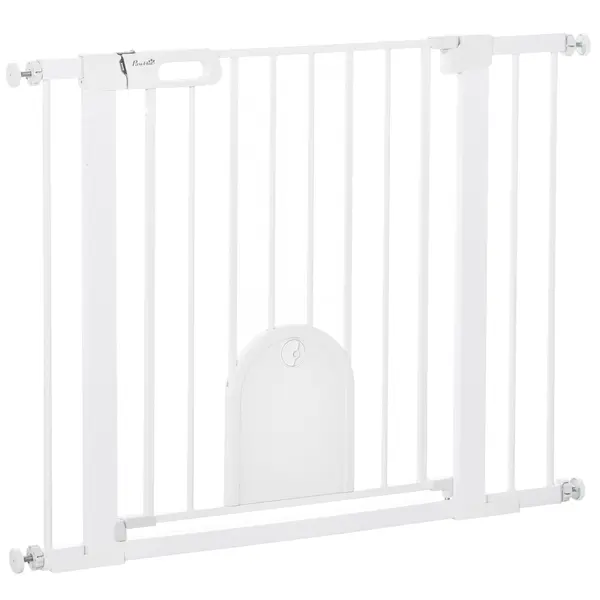 PawHut Barieră Reglabilă pentru Câini cu Ușă Mică, Montare prin Presiune și Închidere Automată, Dimensiune 75-103x76 cm, Alb | Aosom România