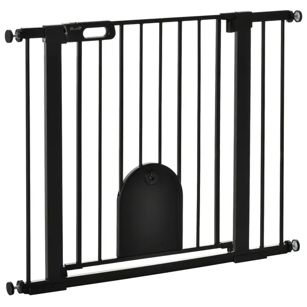 PawHut Barieră Reglabilă pentru Câini cu Ușă Mică, Montare prin Presiune și Închidere Automată, 75-103x76 cm, Negru | Aosom Romania